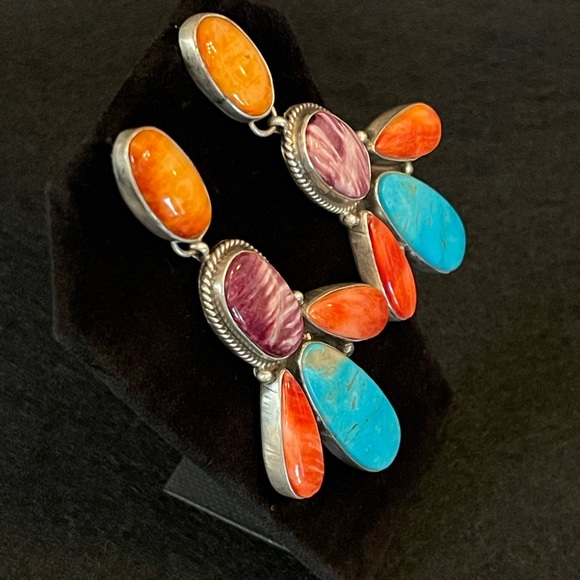 🌈 AUTHENTIC STERLING SILVER TUEQUOISE & SPINY EARRINGS - Picture 5 of 11